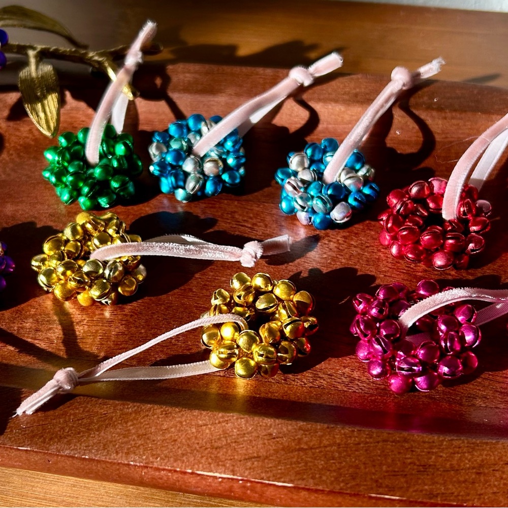 12 MINI Festive Multicolor Jingle Bell Ornaments Set